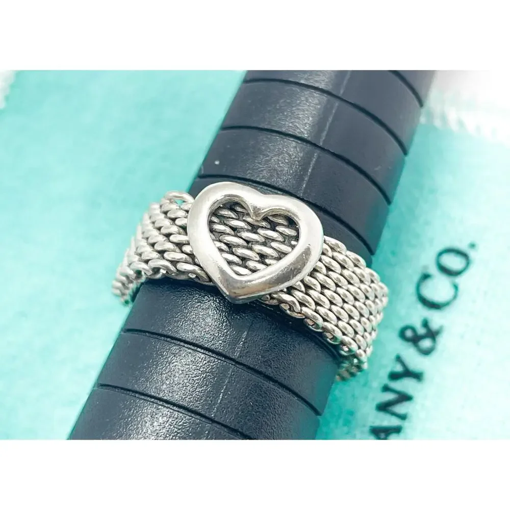 Tiffany & Co. Somerset Mesh Heart Ring Sterling Silver Size 8 w/ Pouch